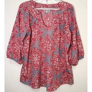 Buckhead Betties Boho Tunic Blouse Womens Large Red Blue Floral 3/4 Sleeve